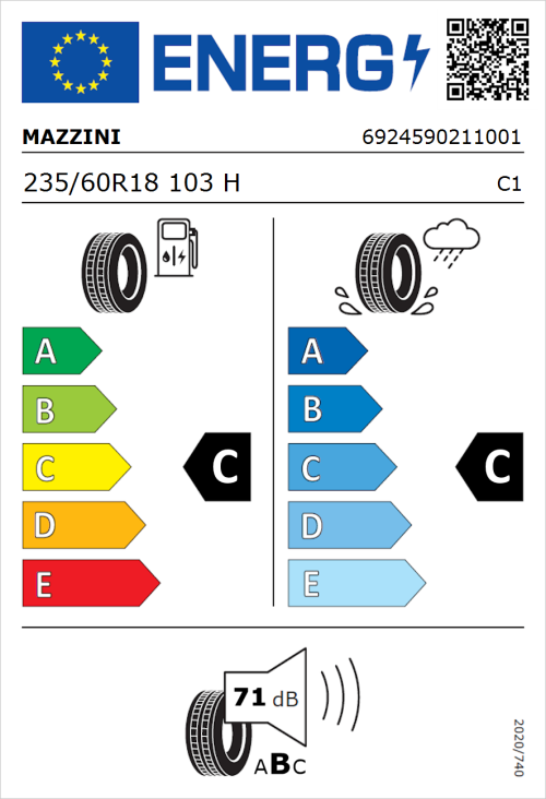 Tyre Label for Mazzini Ecosaver 235/60R18 103H